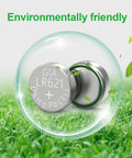 SR621SW Watch Battery 10 Pack Ag1 364 363 Alkaline Coin Button Cell Lr621 in an eco-friendly setting, showcasing steel construction.