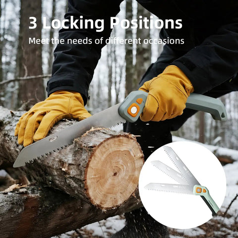 Foldable Pruning Saw 9.5 Inch SK5 Blade With Adjustable Cutting Angles For Tree Trimming Gardening Camping And Yard Work shown in use on a log