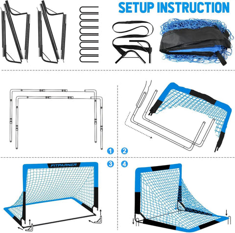 Setup instruction for Backyard Kids Soccer Goals Set Two Pack Portable Pop Up Nets With Ball Cones Pump And Ground Stakes
