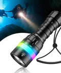 SD08 Dive Light 3200lm Bright Scuba Flashlight With IPX8 Waterproof Seal, RGB Signal Ring, Easy Twist On/Off displayed with divers