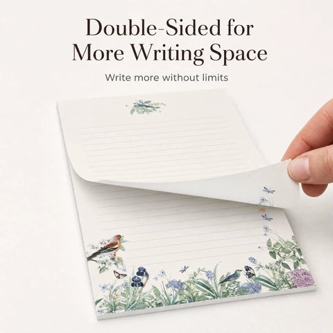 Hand flipping double-sided page from Cute 66-Piece Stationery Kit With Envelopes No-Bleed Lined Paper Floral Designs For Beautiful Handwritten Notes Totally Giftable For Women, Sweet Stationery Supplies And Personalized Gift For Loved Ones, showing floral border.