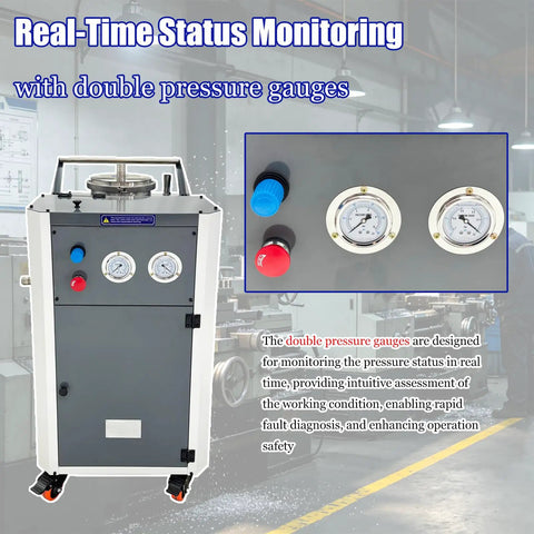 Badass Pneumatic Chip And Sludge Removal Machine Filters CNC Cooling Oil showing real-time dual pressure gauges for monitoring.