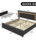Slick Upholstered Queen Bed Frame With Four Heavy Duty Storage Drawers Adjustable Faux Leather Headboard featuring dimensions and layout.