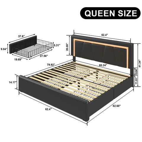 Slick Upholstered Queen Bed Frame With Four Heavy Duty Storage Drawers Adjustable Faux Leather Headboard featuring dimensions and layout.