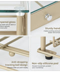 Close-up of coffee pod holder details: tempered glass top, sturdy handle, anti-dropping design, and non-slip pads.