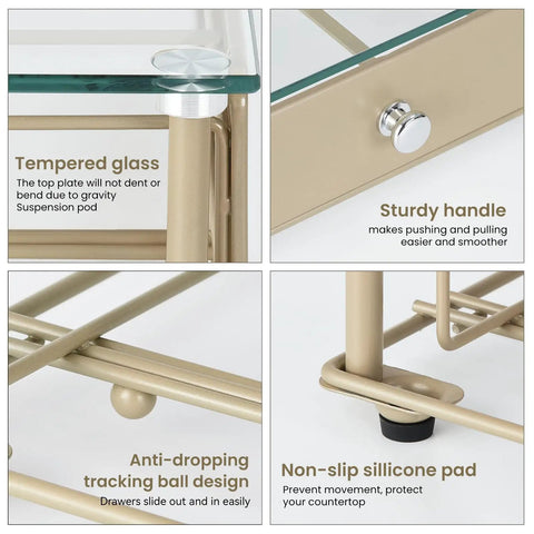 Close-up of coffee pod holder details: tempered glass top, sturdy handle, anti-dropping design, and non-slip pads.