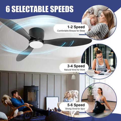 Diagram showing 52 Inch Black Flush Mount Ceiling Fan With Remote and Light Kit, illustrating 6 selectable speeds for various activities.