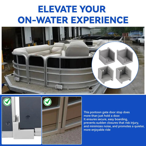 Two Pair Left And Right Pontoon Door Stop Kit With Anti Rattle Design Heavy Duty Gate Stopper No Welding, shown on boat