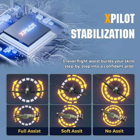 XPilot stabilization feature with three flight assist modes for the Brushless 4 Channel Spitfire Fighter RC Plane 500mm