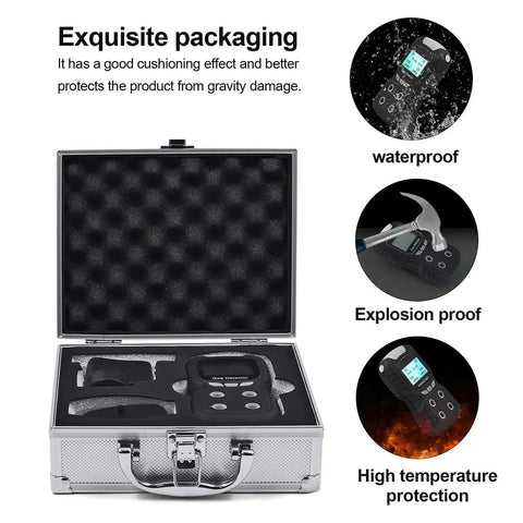 Portable 4 Gas Detector with LCD Display for On The Go Use in a protective case, three inset images for durability features.