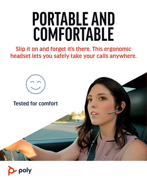 Woman driving with Single Ear Bluetooth Headset With Noise Canceling Microphone For Crisp Calls, Voice Controls, Hands Free Mute
