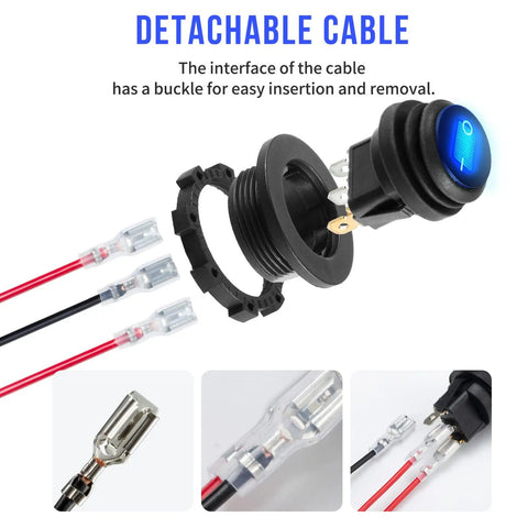 Waterproof 12V Toggle Switch Kit 2 Pack With Heavy Duty Blue LED Light, detachable cables visible for easy insertion and removal.