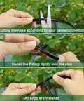 Steps showing installation of Drip Irrigation Fittings Kit 120 Piece With Barbed Connectors For One Quarter Inch Tubing