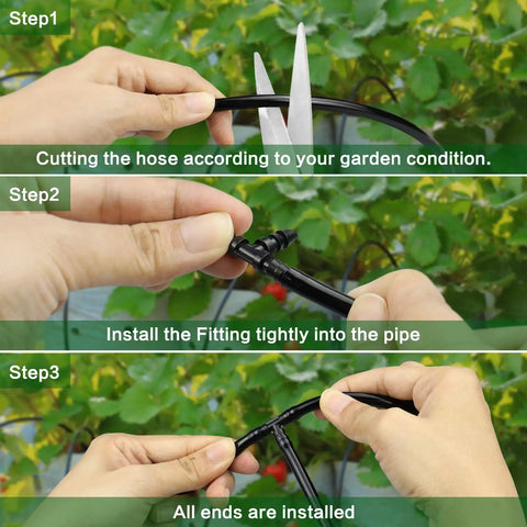 Steps showing installation of Drip Irrigation Fittings Kit 120 Piece With Barbed Connectors For One Quarter Inch Tubing