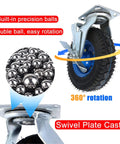 Heavy Duty Rubber Caster Wheels Set 8 and 10 Inch Pneumatic Swivels With Brakes showing swivel plate and precision ball bearings.