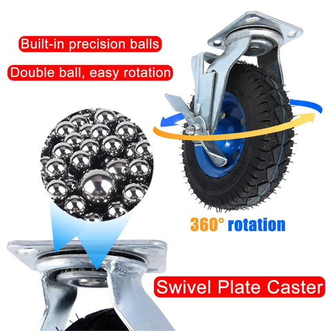 Heavy Duty Rubber Caster Wheels Set 8 and 10 Inch Pneumatic Swivels With Brakes showing swivel plate and precision ball bearings.