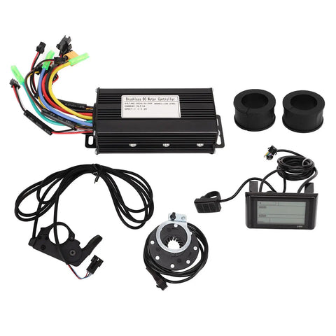 Components of Three Mode Sine Wave Brushless DC Motor Controller Kit For DIY Electric Bike Projects, wires, sensors, display.