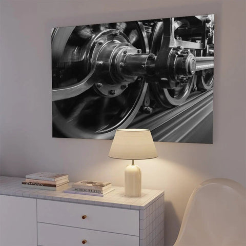 Speeding Steam Locomotive Wheels Black And White Transport Canvas Poster for Living Room Decor Unframed 24x36 Inch Wall Art