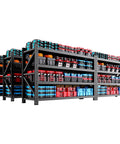 Heavy Duty Metal Garage Shelving 79 Inch Wide 4 Tier Adjustable Storage Rack Matrix Frame storing tools and supplies in black frame.