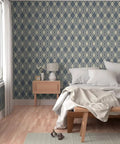 Premium Navy Trellis Wallpaper With Snazzy Linen Weave Hella Durable Polyester Surface Sweet For Kitchens Bathrooms And Commercial Lobbies Straight Paste To Paper Setup Reliable Type Two Finish in a modern bedroom.