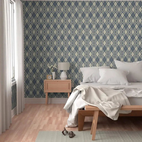 Premium Navy Trellis Wallpaper With Snazzy Linen Weave Hella Durable Polyester Surface Sweet For Kitchens Bathrooms And Commercial Lobbies Straight Paste To Paper Setup Reliable Type Two Finish in a modern bedroom.