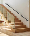 Heavy Duty 24 Inch Steel Stair Handrail Wall Mount Square Pipe Grab Bar For Indoor Outdoor Steps Deck Porch Rust Proof Iron Safety Rail, installed on wooden stairs.