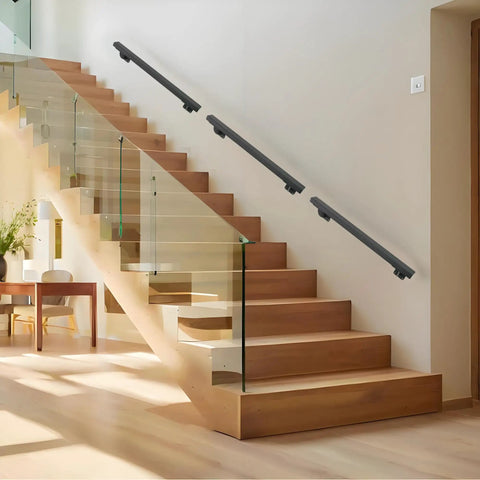 Heavy Duty 24 Inch Steel Stair Handrail Wall Mount Square Pipe Grab Bar For Indoor Outdoor Steps Deck Porch Rust Proof Iron Safety Rail, installed on wooden stairs.