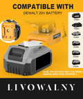 Dewalt 20V Battery Compatible Portable Jobsite Fan insertion guide with highlighted compatible batteries and charging port detail.