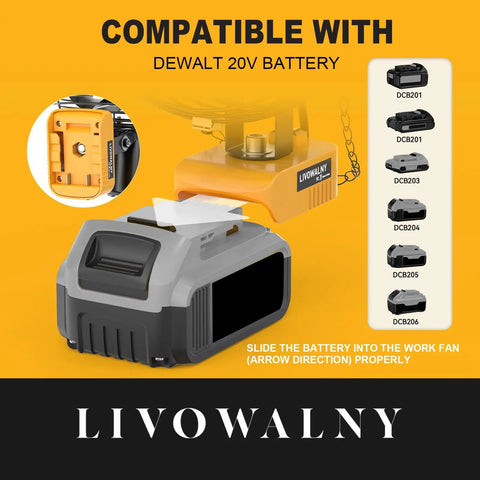 Dewalt 20V Battery Compatible Portable Jobsite Fan insertion guide with highlighted compatible batteries and charging port detail.