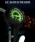 Heavy Duty Tire Pressure Gauge With Large Glow Dial And Steel Braided Hose Reaching Two Hundred Thirty Psi Via Quick Connect Coupler