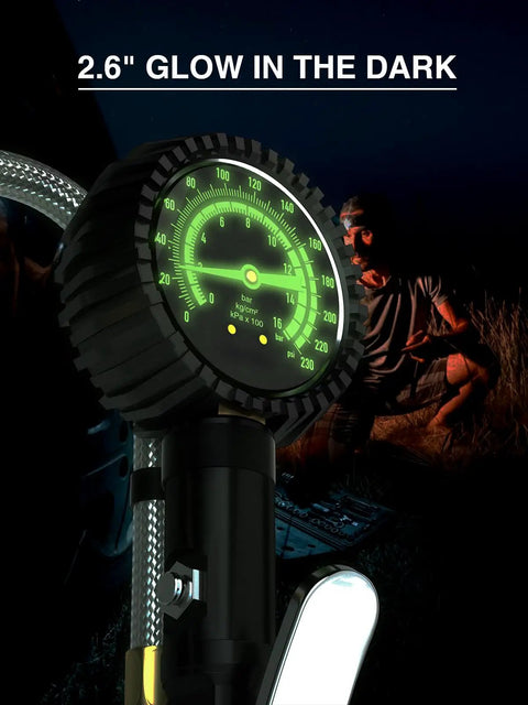 Heavy Duty Tire Pressure Gauge With Large Glow Dial And Steel Braided Hose Reaching Two Hundred Thirty Psi Via Quick Connect Coupler