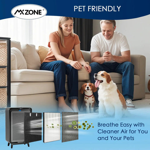 Family with pets near air purifier showing All-In-One Replacement Filters For Air220 And Air320 Purifiers, Pre-Filter 2678 And 2804.