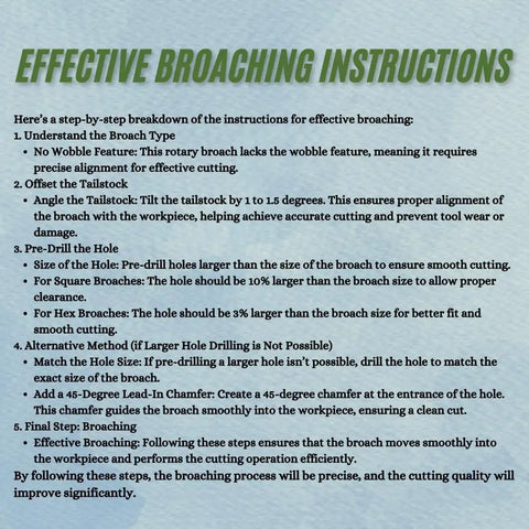 Effective broaching instructions for MT3 Rotary Broach Tool Holder Kit With ER16 Adapter And 7 Hex Imperial Broaches.