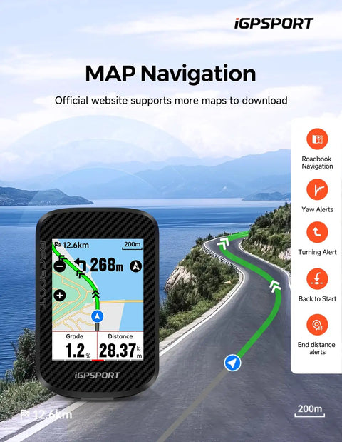 BSC300T Wireless Bike Computer GPS with map display on touch screen, showing route navigation and alerts for bikes.