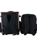 Back view of Welding Backpack With Detachable Helmet Bag And Built In Lunch Tote For Easy On The Job Site Storage Of Welding Gear Ultra Durable Tool Carrier With Padded Back And Straps Red.