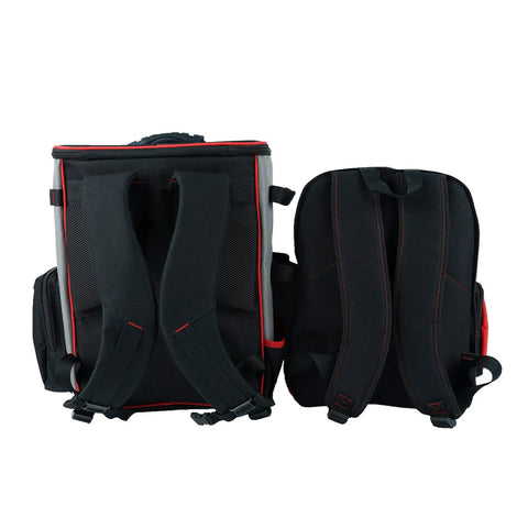 Back view of Welding Backpack With Detachable Helmet Bag And Built In Lunch Tote For Easy On The Job Site Storage Of Welding Gear Ultra Durable Tool Carrier With Padded Back And Straps Red.