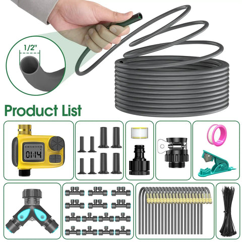 Drip Irrigation Kit With Smart Water Timer For Garden Yard And Greenhouse, 98 Feet Half Inch Hose, 20 Adjustable Copper Nozzles