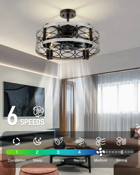 Rustic 17.5 Inch Ceiling Fan With Light Kit And Remote, Low Profile Semi Flush Cage Mount, in modern living room interior