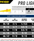 Pro Light Adjustable Open Heel Dive Fins size conversion chart for EU, UK, US foot sizes including XS to XXL, for scuba enthusiasts.