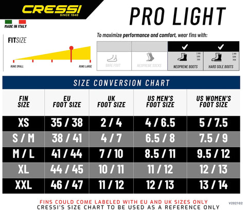 Pro Light Adjustable Open Heel Dive Fins size conversion chart for EU, UK, US foot sizes including XS to XXL, for scuba enthusiasts.