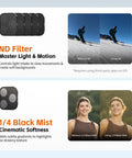 Magnetic Lens Filter Kit For iPhone 17 Pro Max With Base Mount Black Mist Diffusion Quarter Filter And ND2 ND4 ND8 ND16 ND32 Filters 6 Pack Orange Square Design showing effects on photos.