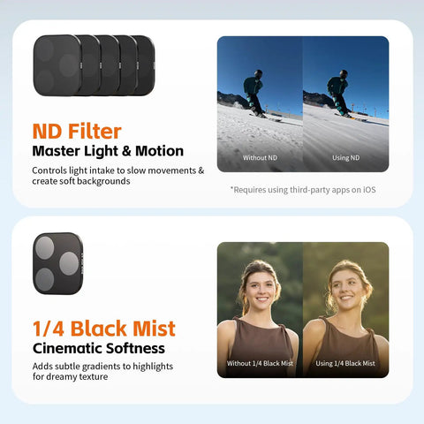 Magnetic Lens Filter Kit For iPhone 17 Pro Max With Base Mount Black Mist Diffusion Quarter Filter And ND2 ND4 ND8 ND16 ND32 Filters 6 Pack Orange Square Design showing effects on photos.