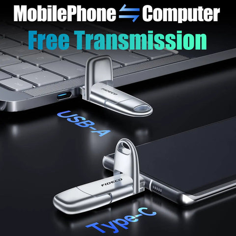 1TB Portable SSD With USB 3.2 Gen 2 Up To 1000 MBps USB A And USB C shown connected to laptop and phone