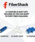 LC Fiber Optic Connector Kit With 10 Duplex LC Couplers, 10 Simplex LC Connectors, 200 LC Dust Caps, products displayed.