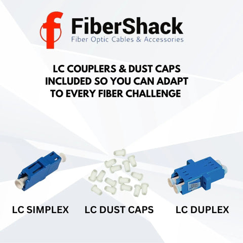 LC Fiber Optic Connector Kit With 10 Duplex LC Couplers, 10 Simplex LC Connectors, 200 LC Dust Caps, products displayed.