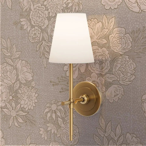 Top Shelf Vintage Peony Silver Metallic Wallpaper Featuring Smooth Fabric Texture And Eco Friendly Design For That Dreamy Room Glow Up And Easy Paste On Wall Install With Durable Build And Class A Rated For Sharp Home Vibes with a stylish wall sconce.