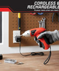 Person using a 25-Piece Cordless Screwdriver Set With LED Work Light, Automatic Spindle Lock, Forward And Reverse, Rechargeable in red.