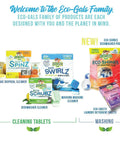 Eco-Gals family of eco-friendly cleaning products including washing machine cleaner and deodorizer tablets for fresh laundry.