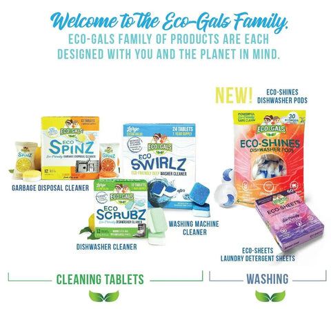 Eco-Gals family of eco-friendly cleaning products including washing machine cleaner and deodorizer tablets for fresh laundry.