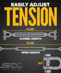 Heavy Duty Jaw And Jaw Turnbuckles Three Eighth By Six Inch 60 Pack with dimensions of 11.38" closed and 17.38" open, hot dipped galvanized steel.